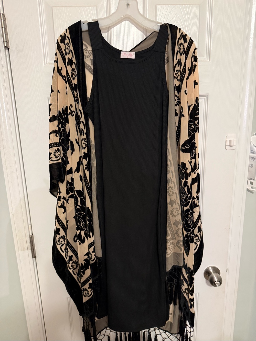 Pink Lily Black Tank Dress with Beige & Black Velvet Floral Kimono